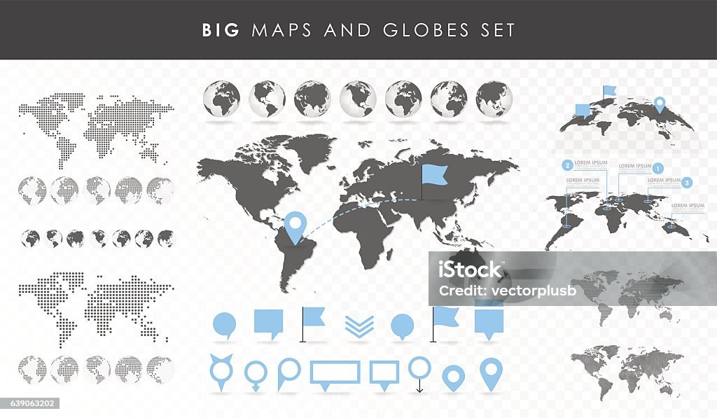 Big set of maps and globes. Big set of maps and globes. Pins collection. Different effects. Transparent Vector illustration. World Map stock vector