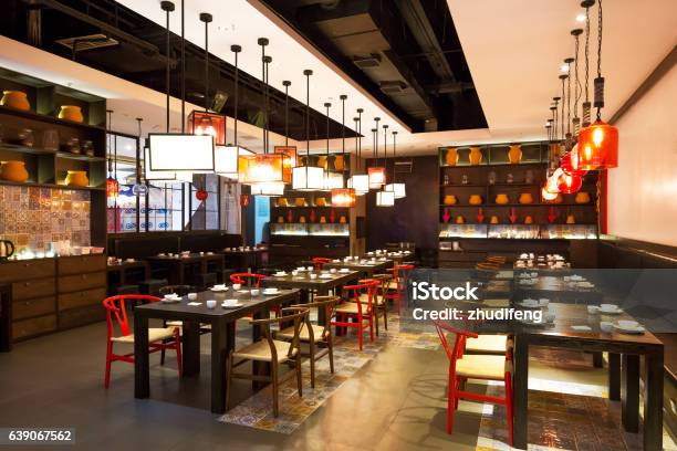 Modern Room With Tables And Chairs Stock Photo - Download Image Now - Restaurant, Indoors, Lighting Equipment