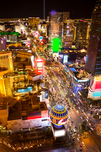 Las Vegas, NV, USA January 16th 2024 Strat Hotel Casino and Las Vegas sign at night. Stratosphere tower in Las Vegas. Stratosphere Tower, 1,149 ft (350.2 m) high, is the tallest freestanding observation tower in the USA.