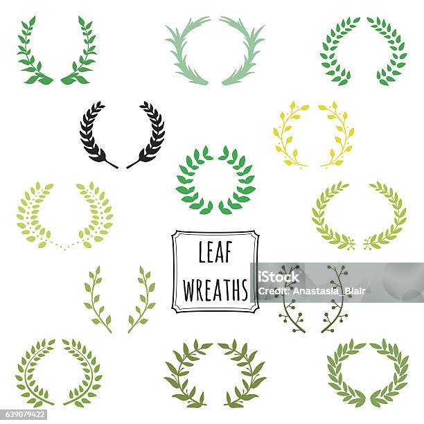 Hand Drawn Decorative Floral Set Of 13 Wreaths Stock Illustration - Download Image Now - Curve, Laurel Wreath, Bay Tree