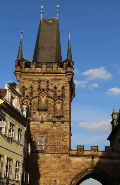 tower with battlements of the Charles Bridge in Prague Old Town in Czech Republic Europe