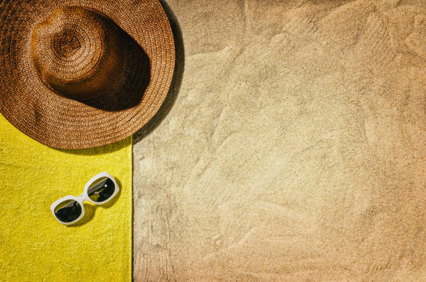 istock Top view towel on sandy beach. Background with copy space 639085310