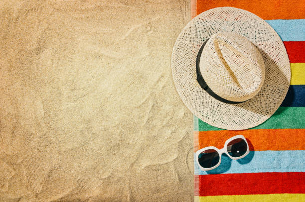 istock Top view towel on sandy beach. Background with copy space 639085390