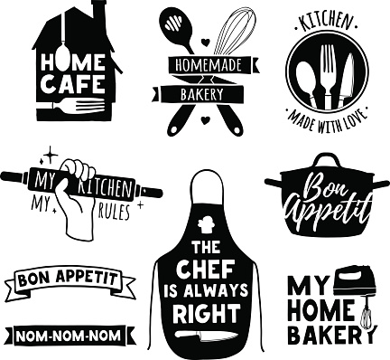 Set of vintage retro handmade badges, labels and logo elements, retro symbols for bakery shop, cooking club, cafe, food studio or home cooking. Template logo with silhouette cutlery.