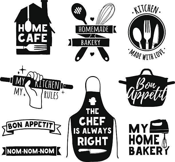 Logo for bakery shop, cooking club, cafe, food studio Set of vintage retro handmade badges, labels and logo elements, retro symbols for bakery shop, cooking club, cafe, food studio or home cooking. Template logo with silhouette cutlery. kitchen silhouettes stock illustrations