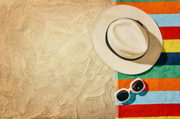 istock Top view towel on sandy beach. Background with copy space 639085556