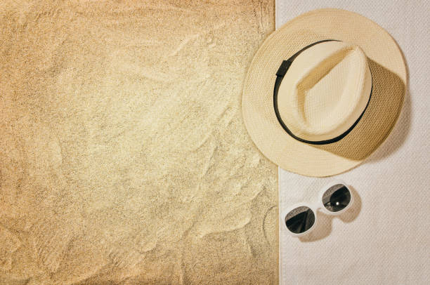 istock Top view towel on sandy beach. Background with copy space 639085636