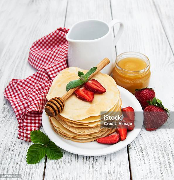 Pancakes With Strawberries Stock Photo - Download Image Now - Baked, Berry Fruit, Breakfast