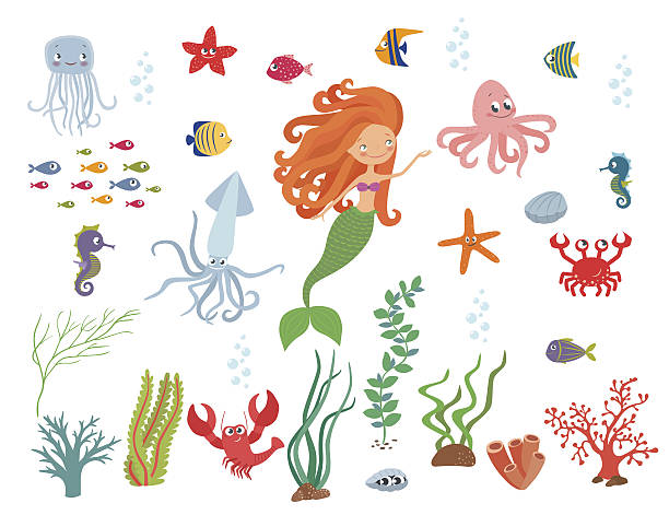 ilustraciones, imágenes clip art, dibujos animados e iconos de stock de colección de vida submarina - characters coral sea horse fish