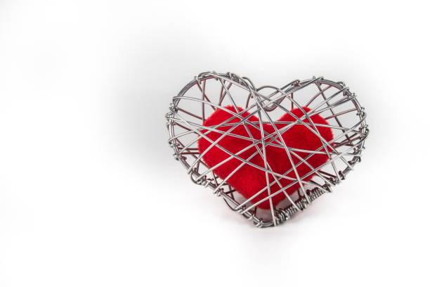 istock red fabric heart in knitted wire cage on white background 639092320