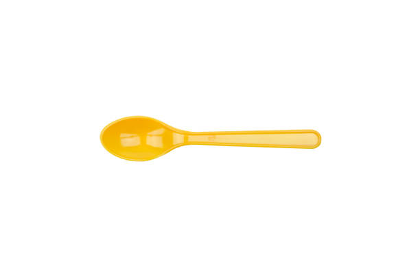 istock Orange plastic spoon isolated on white background 639095434