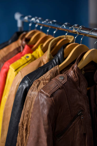 istock Different color leather jacket hanging on rack 639095582
