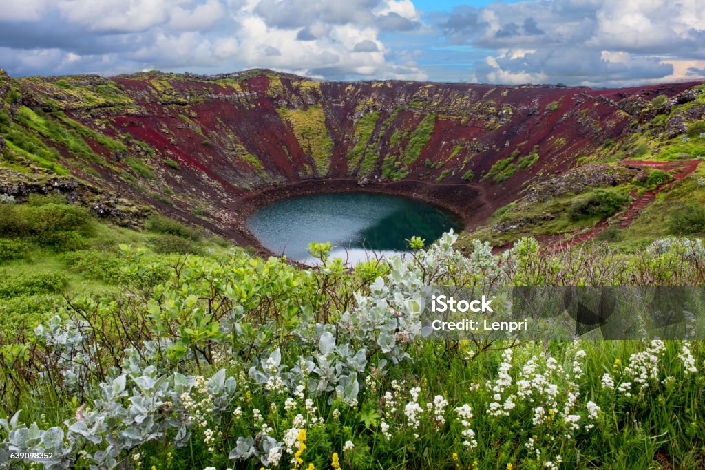 Krater Kerid on Iceland Red volcanic krater Kerid with lake on Iceland Kerið Crater Stock Photo