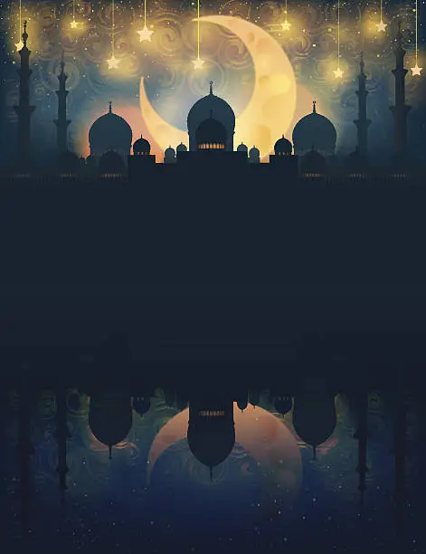 Vector illustration of Mosque silhouette in night sky with crescent moon and star