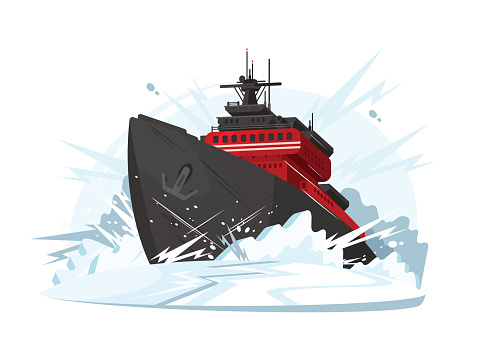 Icebreaker breaks ice in frozen sea or ocean. Vector illustration