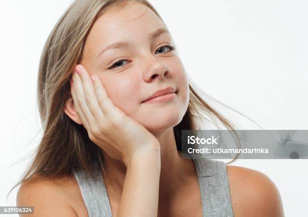 Teenager Girl Cute Beautiful Freckles Face On White Stock Photo - Download Image Now