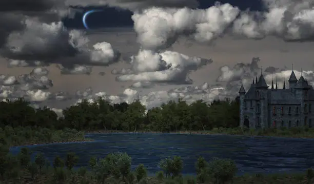 mystical castle on the lake. 3d rendering