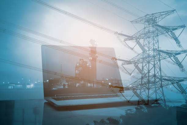istock double exposure laptop with blur power plant background 639108478