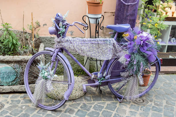 istock Vintage violet bicycle with flowers and laces 639108652