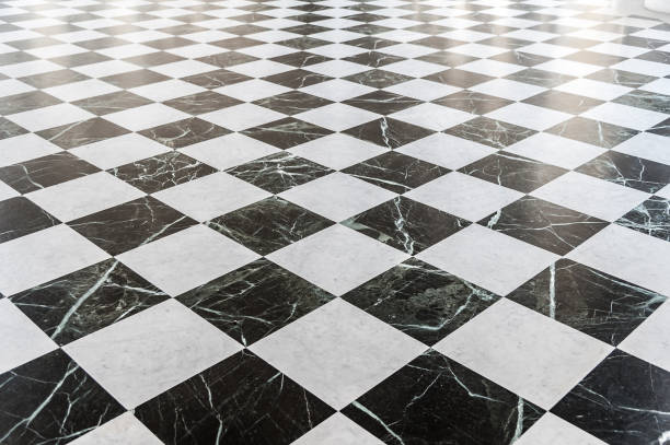 黒と白の市松模様の大理石の床 - tiled floor tile floor marble ストックフォトと画像