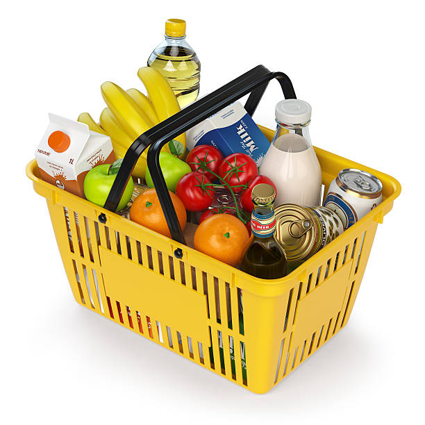 stockillustraties, clipart, cartoons en iconen met shopping basket with variety of grocery products isolated on whi - boodschappenkar supermarkt