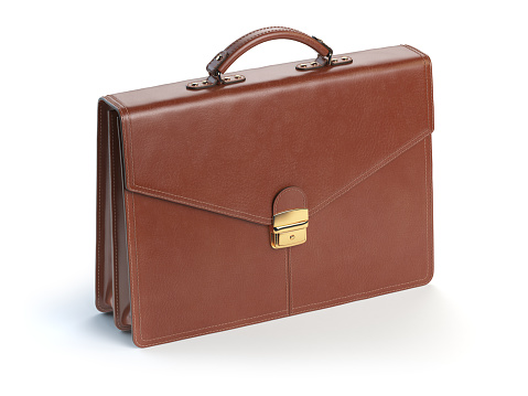 Brown leather briefcase isolated on the white background. 3d illustration