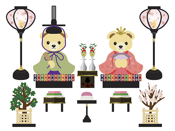 hina puppendekoration in der traditionellen japanischen kultur "hina matsuri" - cherry tree stuffed animal spring doll stock-grafiken, -clipart, -cartoons und -symbole