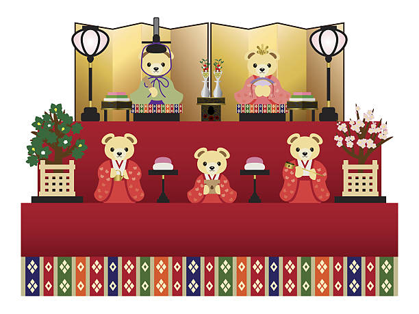 hina puppendekoration in der traditionellen japanischen kultur "hina matsuri" - cherry tree stuffed animal spring doll stock-grafiken, -clipart, -cartoons und -symbole