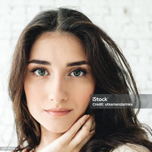 Beautiful Brunette Woman Portrait Natural Makeup Studio Shot Stock Photo - Download Image Now