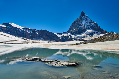 The Swiss side of the Matterhorn during summer season. Valais Canton. Switzerland.