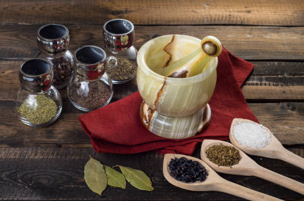 spices in spoons and Jar with mortar on a wodeen background