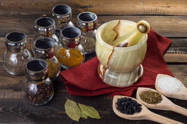 istock spices in spoons and Jar with mortar on wodeen background 639121786