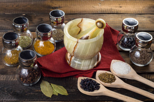 istock spices in spoons and Jar with mortar on wodeen background 639122096