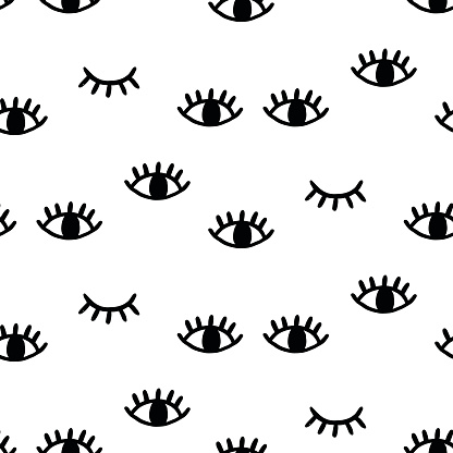 Vector hand drawn seamless pattern with open and winking eyes isolated on white