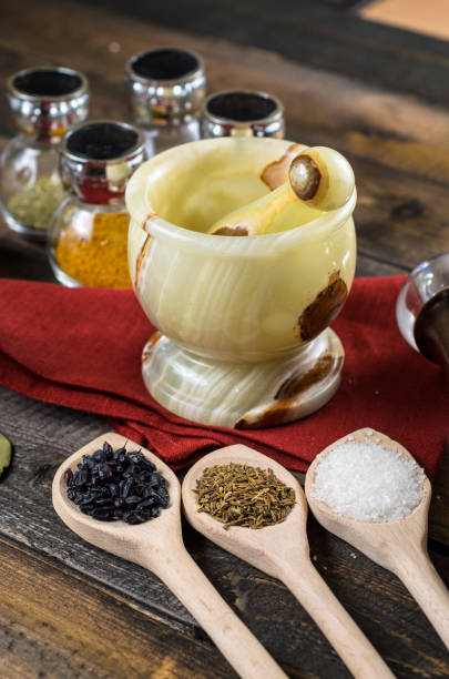 istock spices in spoons and Jar with mortar on wodeen background 639126330