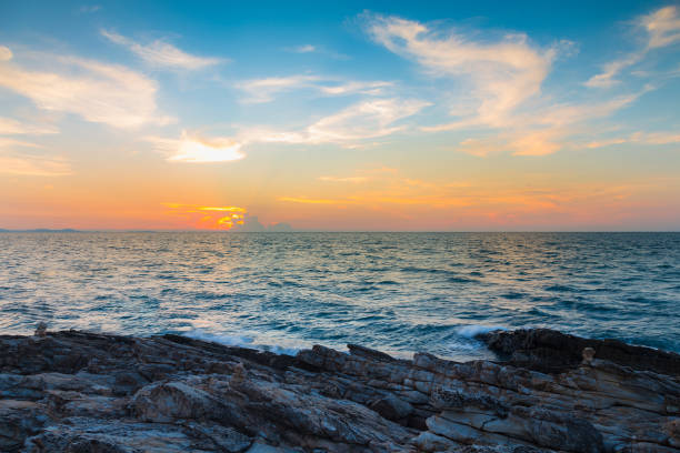 istock Rocky coastline with sunset skyline over the ocean 639126480