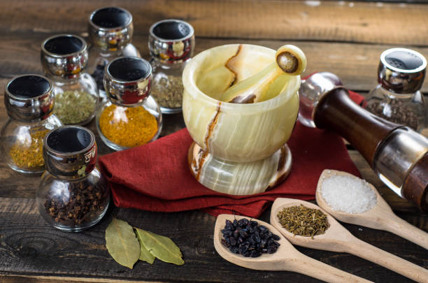 istock spices in spoons and Jar with mortar on wodeen background 639127436