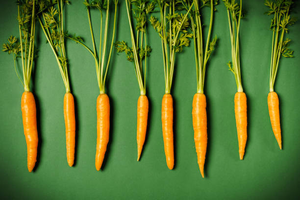 istock Fresh carrots on a green background 639127806