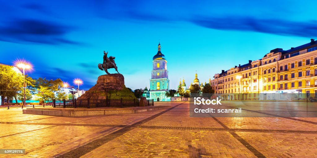 Evening scenery of Sofia Square in Kyiv, Ukraine Evening summer scenery of Sofia Square with Bohdan Khmelnytsky statue monument and ancient Sofia Orthodox Cathedral Church in the Old Town of Kyiv, Ukraine Kyiv Stock Photo