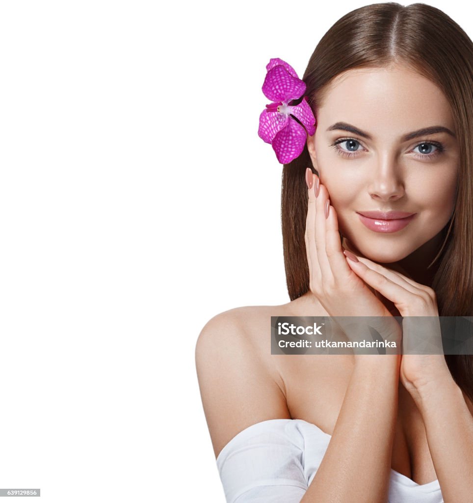 Woman Beautiful Portrait With Flower Orchid In Hair Isolated White Stock  Photo - Download Image Now - iStock