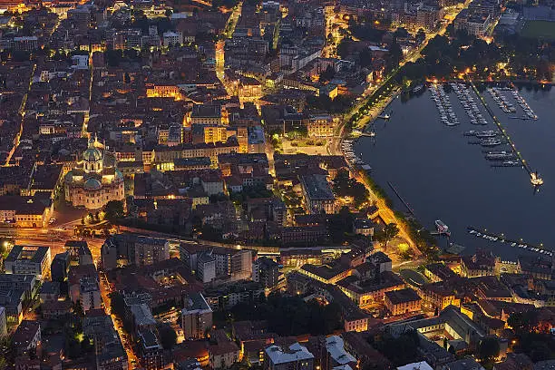 Aerial view of the city of Como and its lake at sunset. Como Province. Italy.