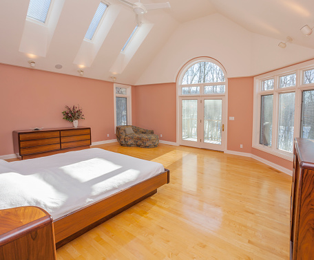 Amazing master bedroom with skylights, cathedral ceiling.