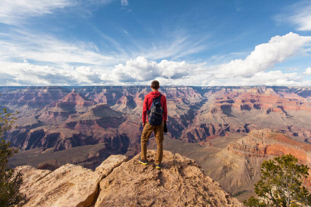 viaje en el gran cañón, hombre excursionista con mochila disfrutando de la vista - parque nacional del gran cañón fotografías e imágenes de stock