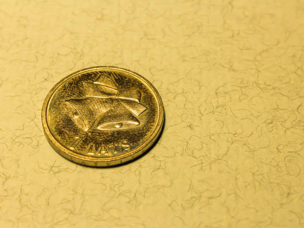 istock Coin one latvian lat with a bell on light background 639135012