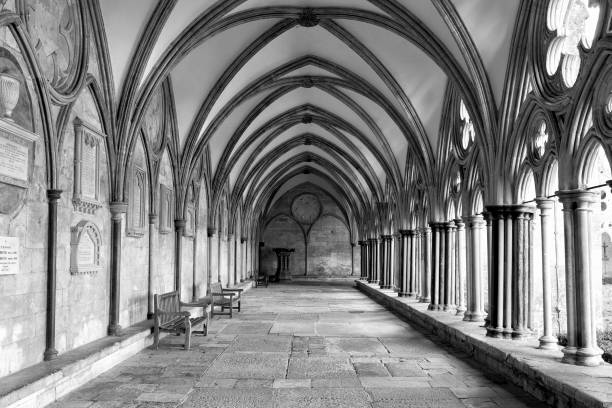 Stained glass windows in the Gloucester cloister hallways. HDR image.