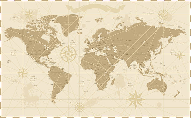 stary vintage, mapa świata w stylu retro - azja wschodu stock illustrations