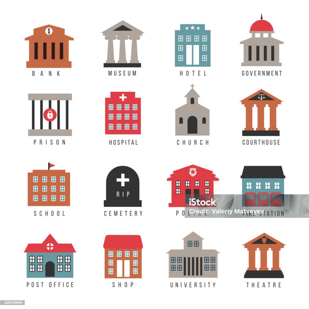 Vector government building colored icons Vector government building colored icons. Municipal city architecture symbols isolated on white background. University and firehouse, cemetery and library illustration Building Exterior stock vector