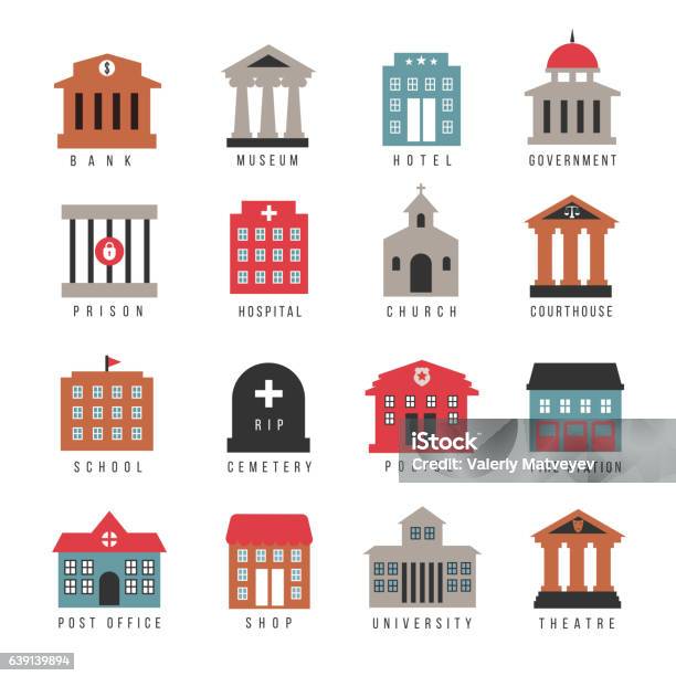 Vector Government Building Colored Icons Stock Illustration - Download Image Now - Building Exterior, Construction Industry, Library
