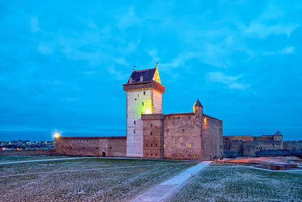 Torgau, 03/16/2024, aerial view from Elbe Bridge and Hartenfels Castle at night. On 25 April 1945 American and Soviet soldiers met near Torgau and shook hands on the ruins of the Elbe bridge in Torgau, Saxony, Germany