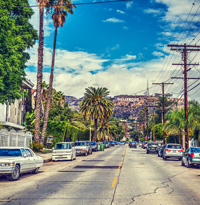 Los Angeles, CA, USA - October 28, 2016: Hollywood sign seen from a picturesque street
